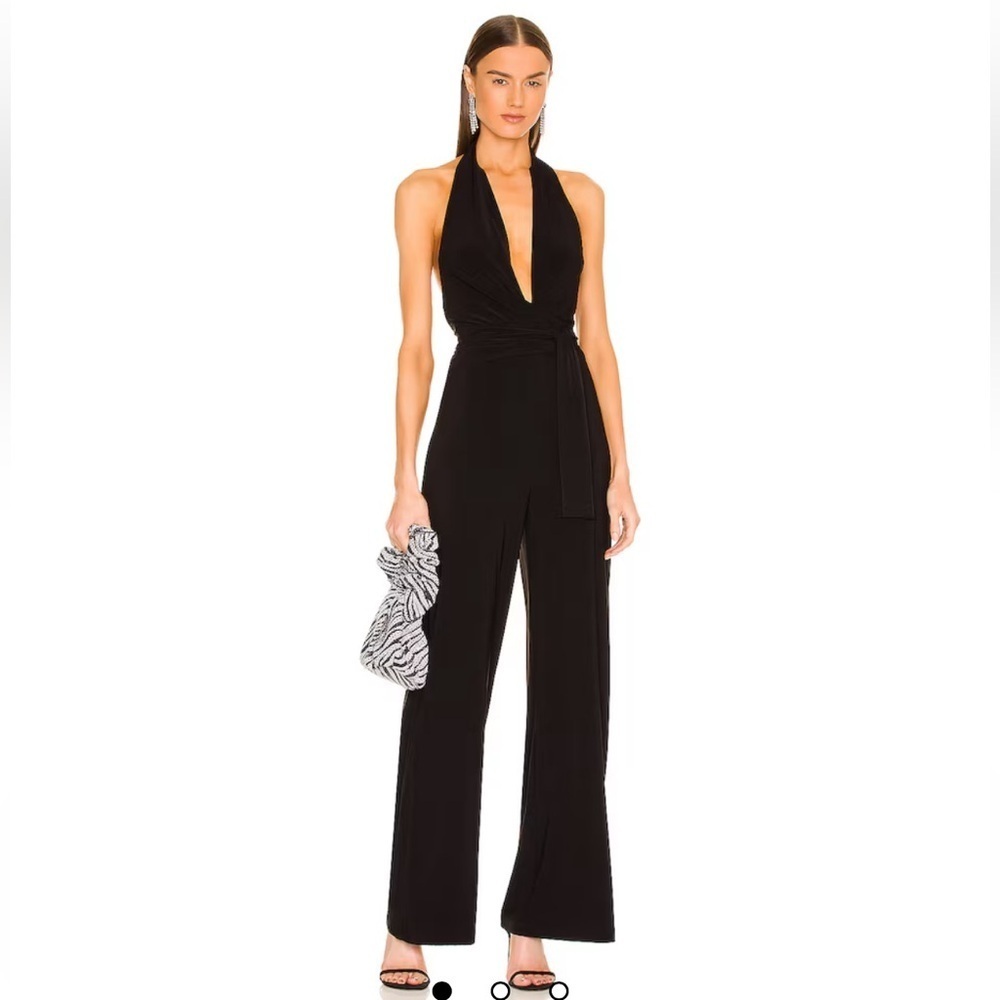 Norma Kamali Halter Wrap Straight Leg Jumpsuit Black stretch Revolve flaw M